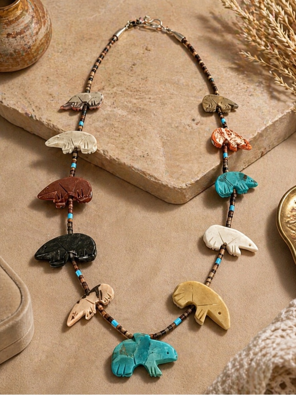 Vintage Zuni Fetish Necklace | Hand Carved Stone Animals | Turquoise Heishi 13”